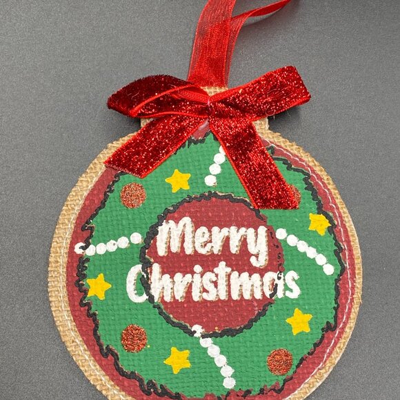 Holiday Time "Merry Christmas" Red Green Burlap Ornaments Set of 4 - Picture 5 of 12